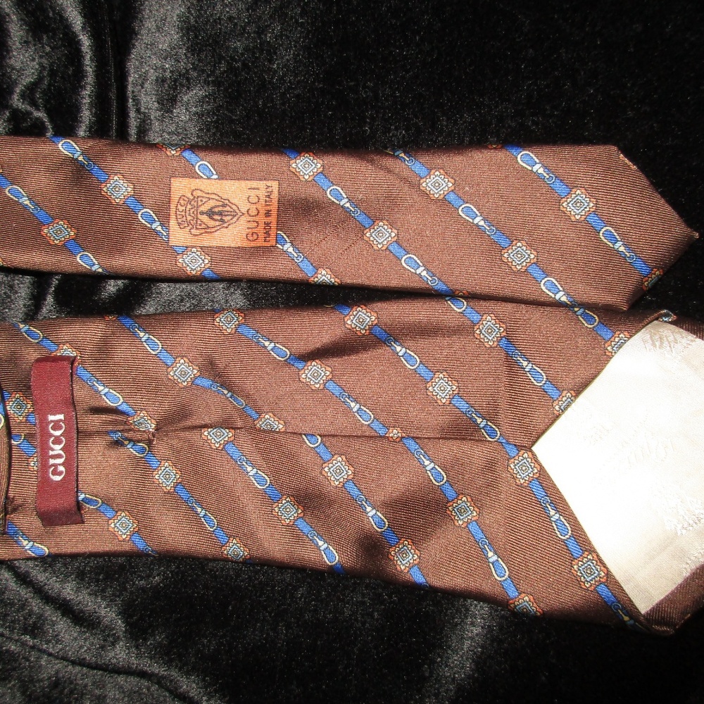 VTG GUCCI SILK SKINNY TIE BROWN BLUE BELTS DESIGN - Picture 3 of 8